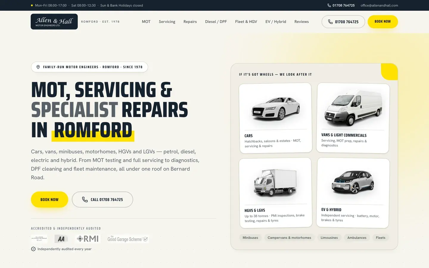 Allen & Hall redesign concept — desktop homepage with workshop photography and trust badges