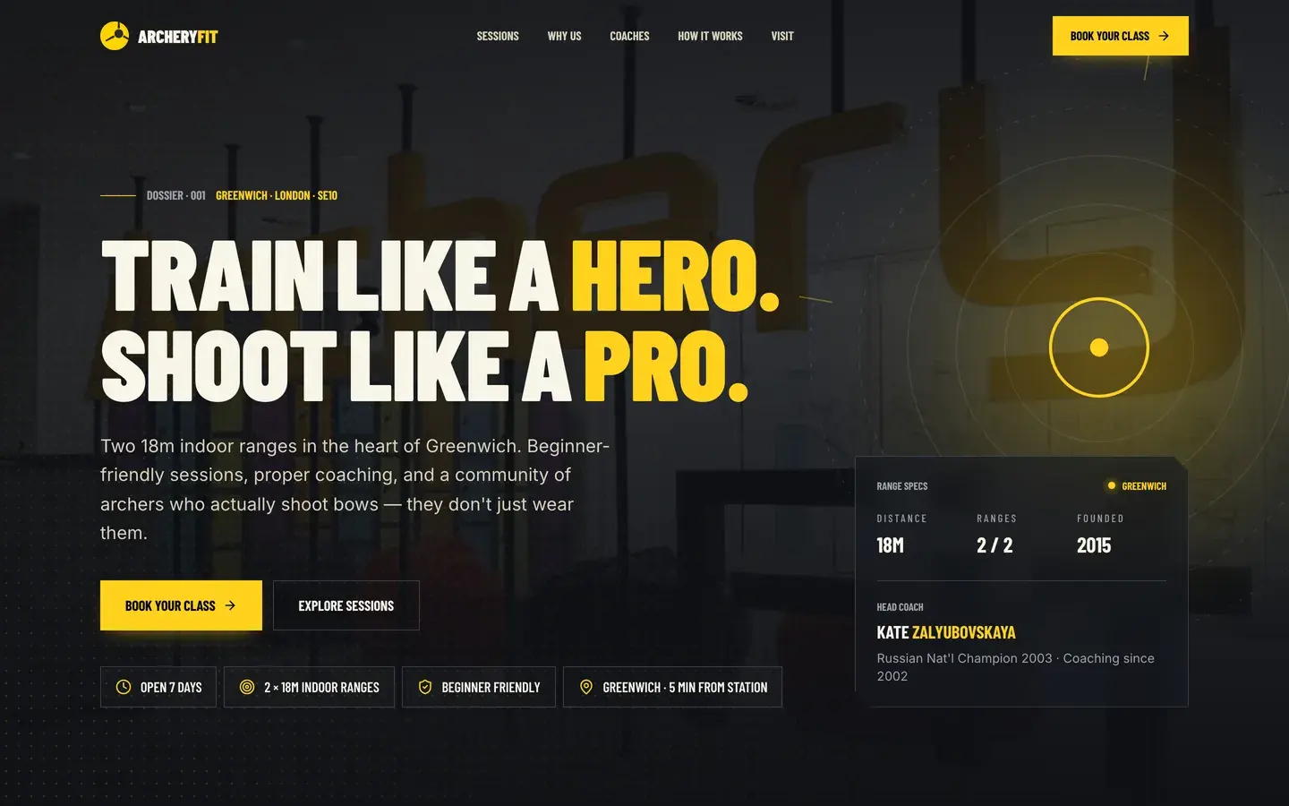 ArcheryFit redesign concept — desktop homepage with a bold dark hero and yellow accent