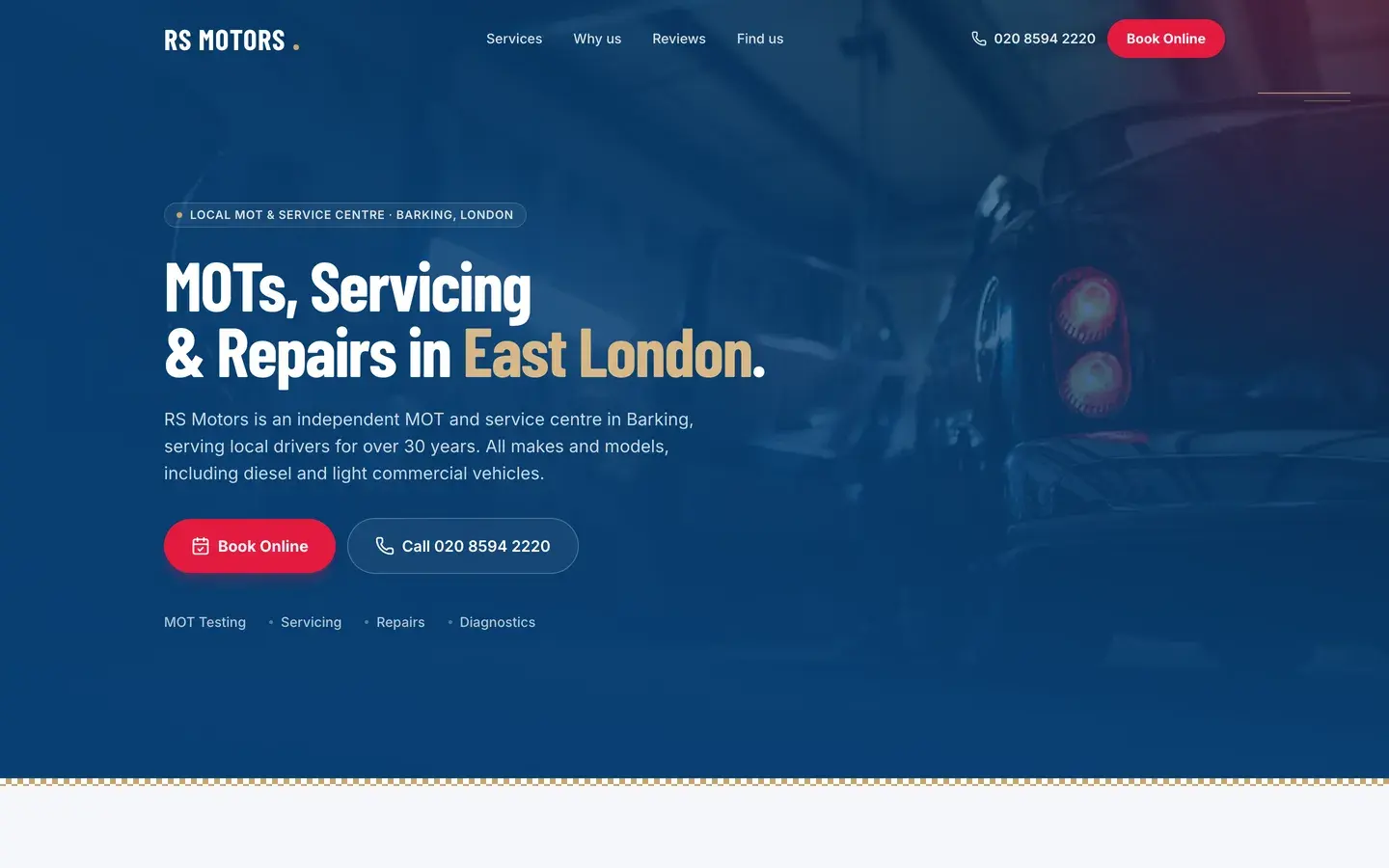 RS Motors redesign concept — desktop homepage with a dark hero and service cards