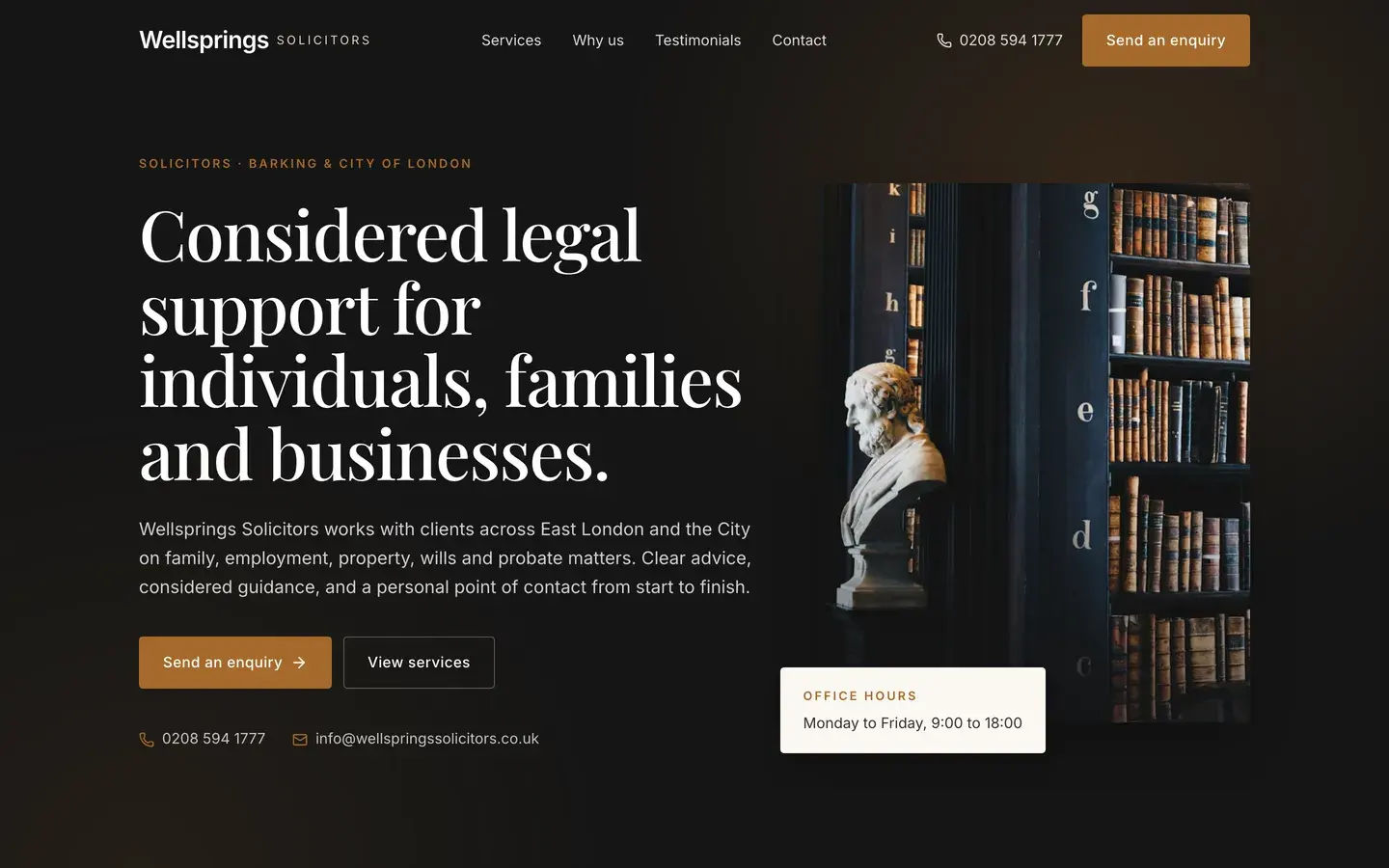 Wellsprings Solicitors redesign concept — desktop homepage with serif headings and a clean layout