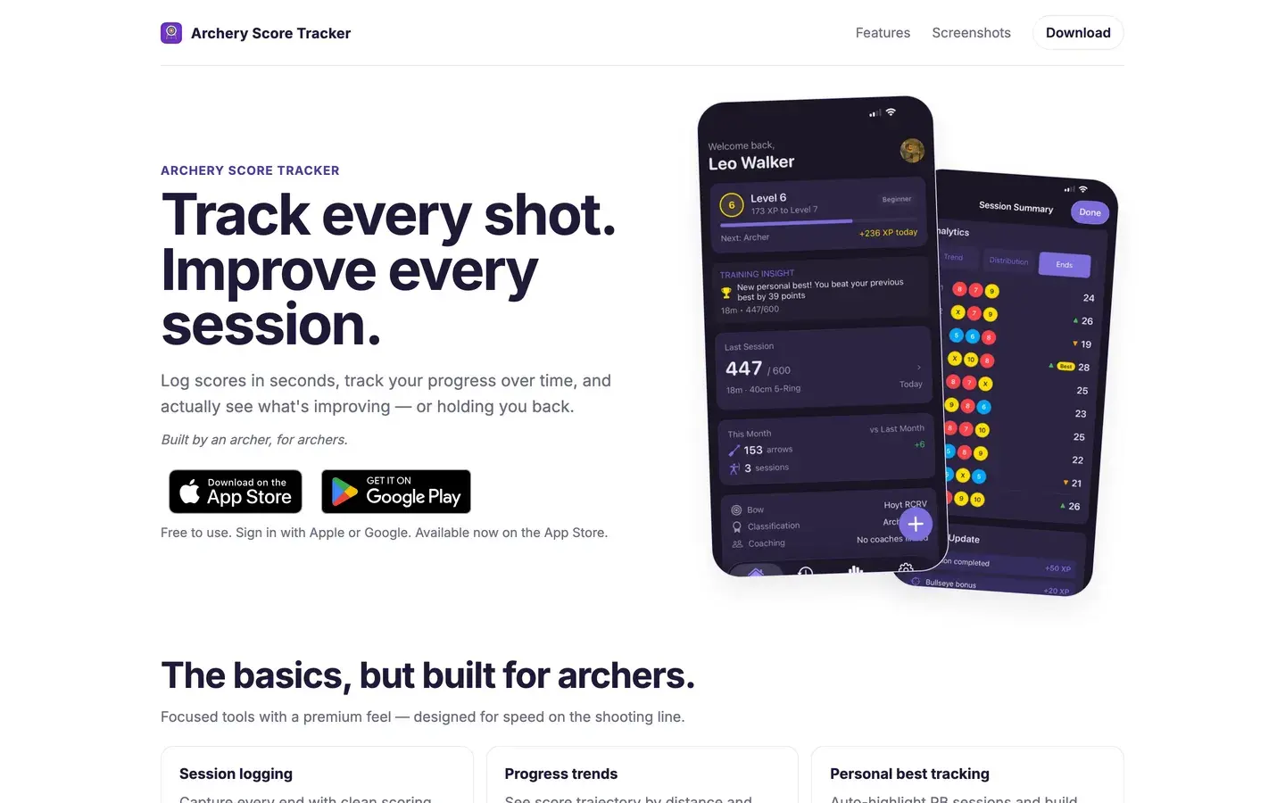 Archery Score Tracker — product website for the scoring app